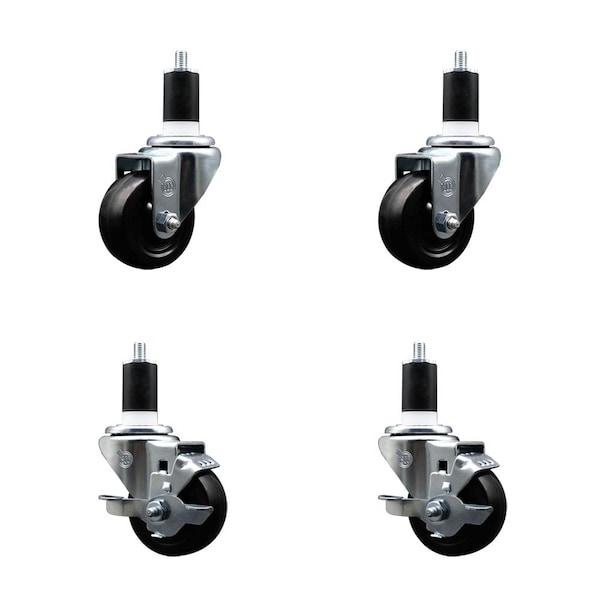 3'' Soft Rubber Wheel Swivel 1-1/2'' Expanding Stem Caster Set 2 Brakes, 4PK